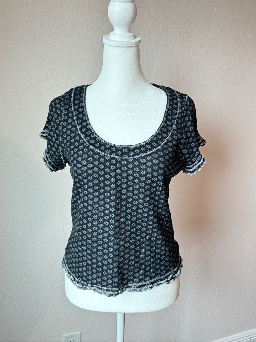 Free People Black Floral Scoop Neck Short Sleeve Tee